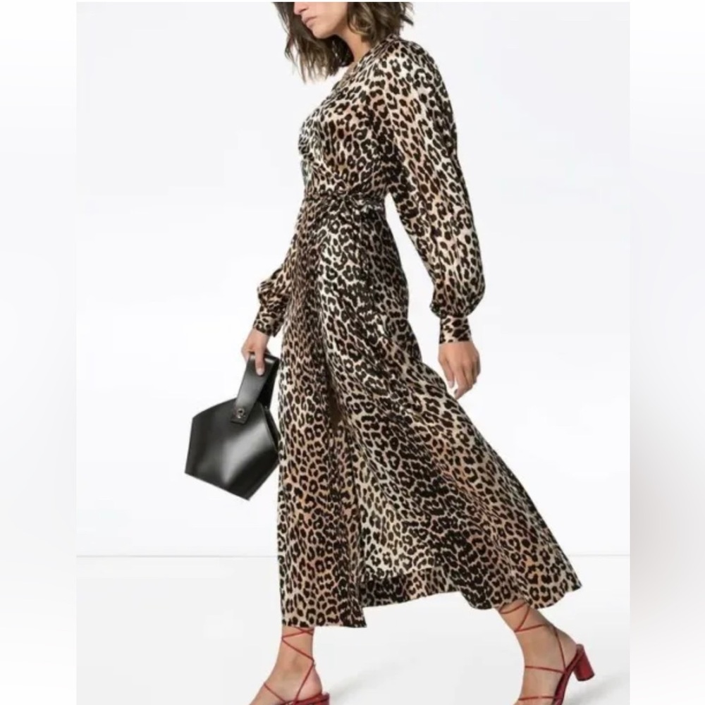 GANNI Leopard Print Midi Dress Silk NWT Size 32